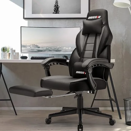 BOSSIN Gaming Chair with Massage, Ergonomic Heavy Duty Design with Footrest and Lumbar Support, Black